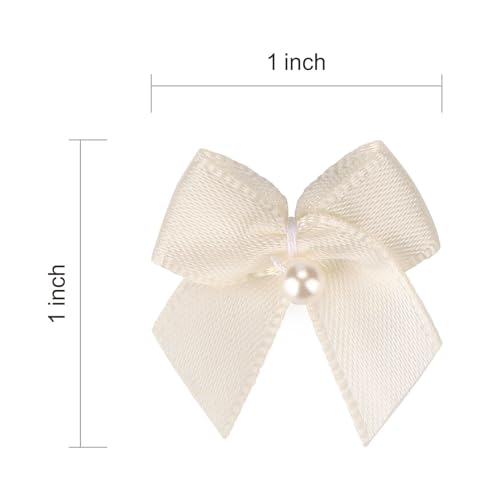 60-Piece Mini Satin Ribbon Bows with Pearl - Ivory Craft Appliques for Sewing