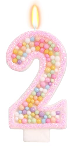 Pink Number 2 Birthday Candle - Glitter Macaron Cake Topper Decor