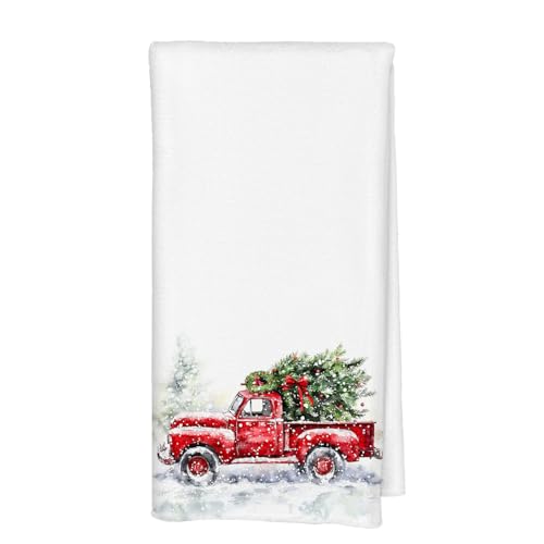Qabliqo Red Truck Christmas Kitchen Hand Towels 16x24 Inches Winter Holiday Decor