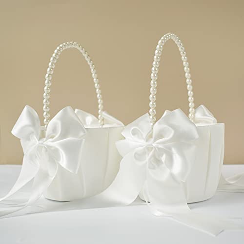 Ivory Satin Flower Girl Baskets with Pearl Handles - Set of 2