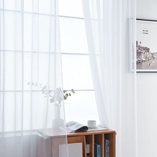 White Sheer Voile Window Curtain Panels - Dual Rod Pocket, 52 x 84 Inch (Pair)