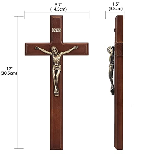 12-Inch Wooden Crucifix Wall Cross with Antique Brass Jesus Corpus