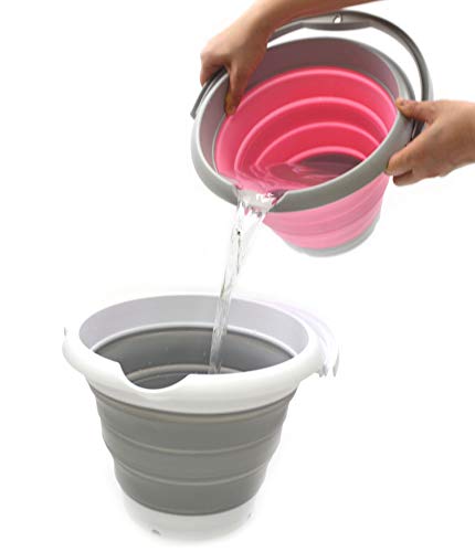 SAMMART 5L Foldable Plastic Bucket Grey/Pink - Collapsible Portable Water Pail for Camping & Fishing