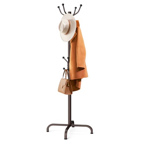 Freestanding Metal Coat Rack with 14 Hooks - Adjustable Entryway Coat Tree