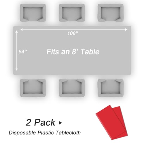 Red Disposable Plastic Tablecloth 2-Pack - 54 x 108 Inch Rectangle Cover