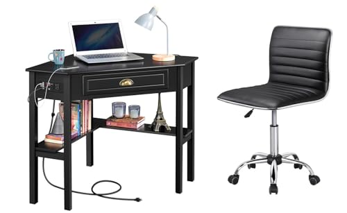 L-Shaped Corner Computer Desk and Swivel Chair Set with USB Ports & Storage