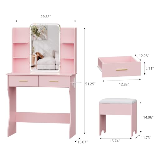 Small Vanity Desk with LED Mirror, Charging Station, and Storage Stool