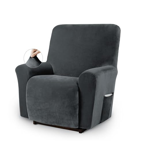 Stretch Recliner Chair Cover with Pockets - Dark Grey Velvet Protector