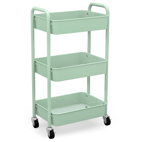 3-Tier Rolling Metal Utility Cart - Mobile Storage Organizer, Aqua Green