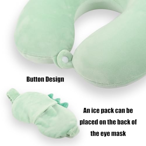 Kids Travel Neck Pillow with Eye Mask - Memory Foam Dinosaur Design