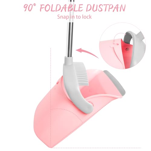 Long Handle Broom and Dustpan Set with Self-Cleaning Comb Teeth, Pink Gray