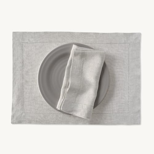 Solino Home Light Flax Hemstitch Linen Dinner Napkins Set of 4, 20x20"