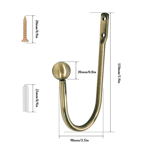 Heavy Duty Brass Metal Curtain Holdbacks, 2-Piece Wall Mounted Drapery Hooks