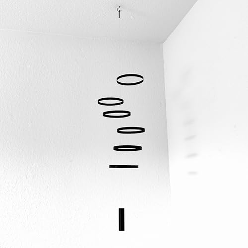 Modern Hanging Mobile with 6 Black Rings, 42-Inch Minimalist Art Decor