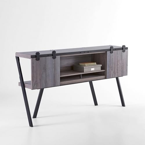 72-Inch Modern Desk Hutch with Storage, Drift Gray and Black Metal
