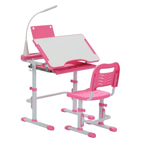 Kids Adjustable Study Desk and Chair Set with LED Lamp and Tilted Desktop
