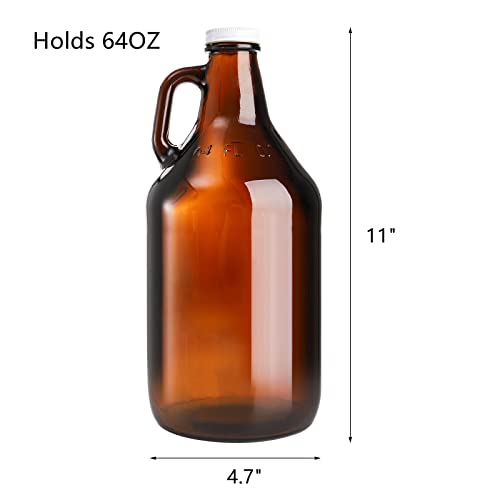 64 oz Amber Glass Growler Jugs with Lids - 3 Pack for Home Brewing & Storage