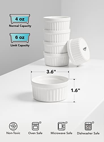 Ceramic Ramekins Set of 6 - 4 oz Oven Safe Crème Brûlée Bowls, White