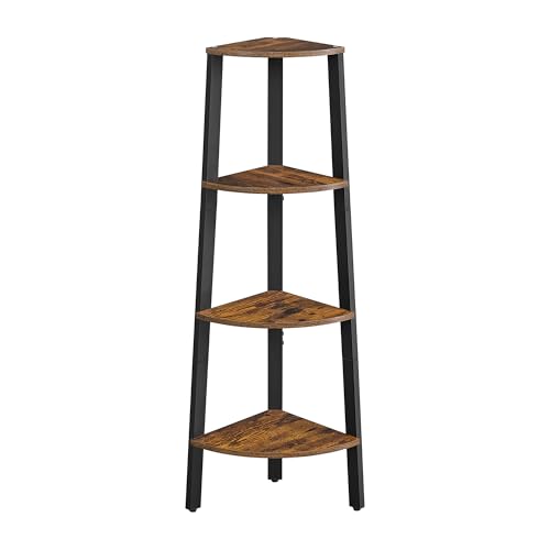 4-Tier Industrial Corner Shelf, Rustic Brown Wood and Metal Ladder Bookshelf