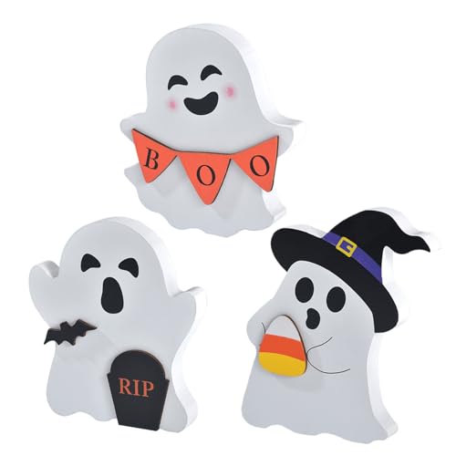 3-Piece Wooden Halloween Ghost Tiered Tray Decor Set for Table Display