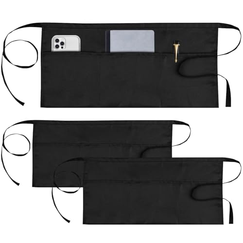 3-Pack Short Server Apron with 3 Pockets - Stain-Resistant Polyester