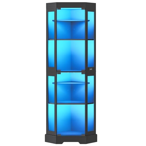 6-Tier Corner Display Cabinet with Glass Doors and LED Lighting