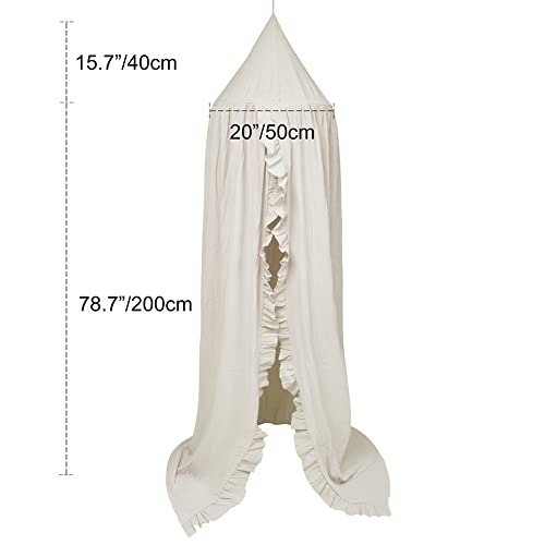 Boho Kids Bed Canopy with Frills, Hanging Reading Nook Play Tent (Beige)