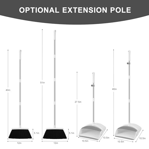 Broom and Dustpan Set with 52" Adjustable Handle & Dustpan Comb, White