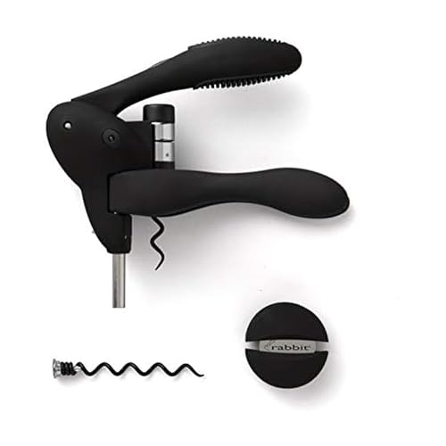 Rabbit W6004N Lever Corkscrew Wine Opener - Black/Silver, Includes Foil Cutter & Extra Spiral