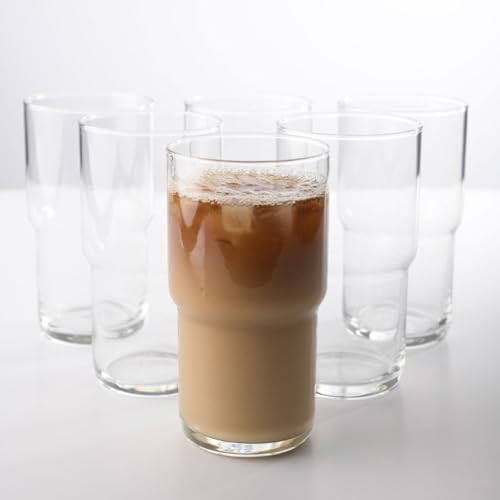 Stackable Iced Coffee Drinking Glasses, 21oz Heavy Clear Glass Set of 6