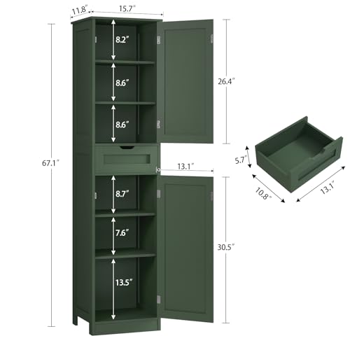 Tall Narrow Bathroom Storage Cabinet with 2 Doors and 1 Drawer, Forest Green