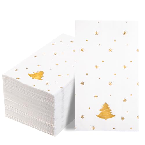 100Pack Gold Christmas Tree Napkins 3-ply Disposable 8x4.3in (Folded) - Premium Tableware