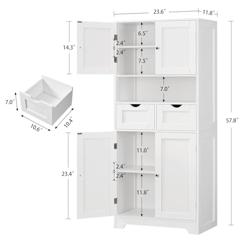 58-Inch Tall Freestanding Storage Cabinet with 4 Doors and 2 Drawers