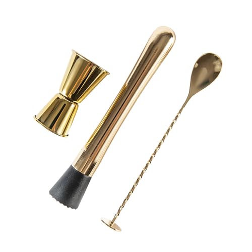 3-Piece Gold Bartender Set with Muddler, Cocktail Spoon & Jigger - Professional Bar Tools