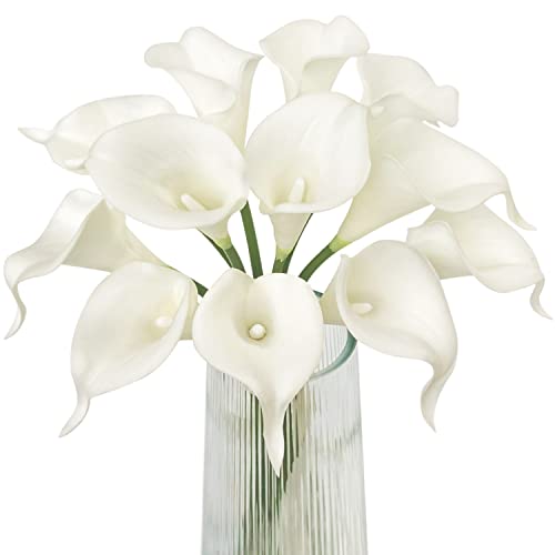 Real Touch White Artificial Calla Lily Flowers - 12 Pcs Wedding Bouquet