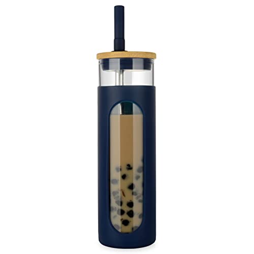26 oz Glass Tumbler with Bamboo Lid and Straw, Reusable Iced Coffee Cup