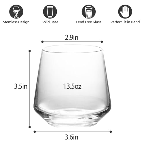 Stemless Wine Glasses Set of 4, 13.5oz Lead-Free Crystal Clear Glassware