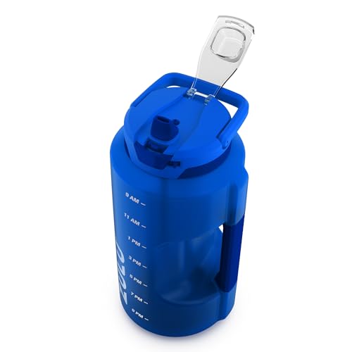ZULU Goals 128oz Half Gallon Plastic Water Bottle with Straw and Time Marker | Large Reusable Jug with Handle and Leak Proof Lid for All Day Hydration, Gym and Outdoors, Gift Ready, Royal Blue