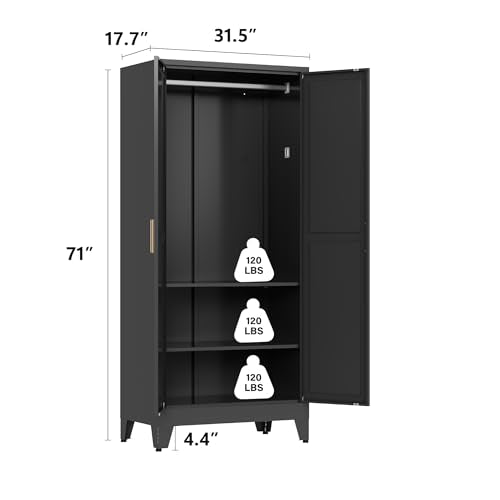 71-Inch Metal Wardrobe Closet with Hanging Rod, 2 Doors, and Shelves