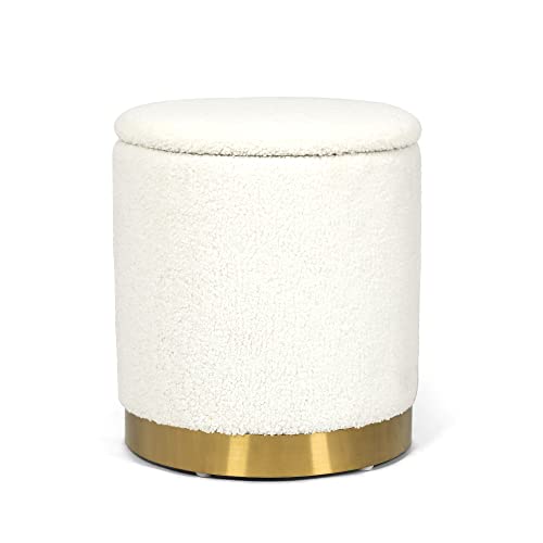 Round Boucle Storage Ottoman with Gold Base, Plush Vanity Foot Stool