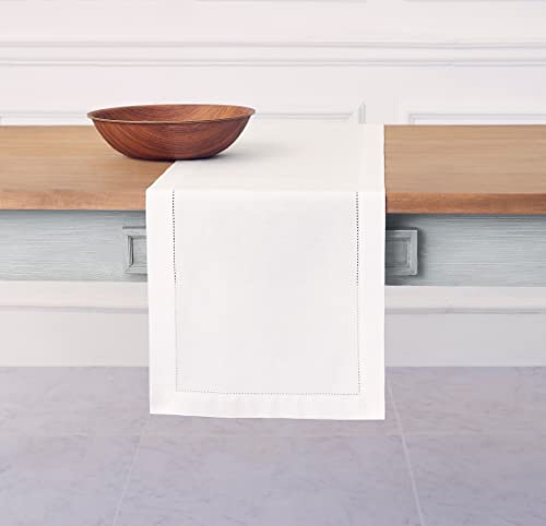 Solino Home Cotton Linen Table Runner White Hemstitch 14 x 132 in - Handmade, Machine Washable