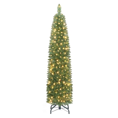HAPPYGRILL 5ft Pre-lit Artificial Christmas Tree with Warm White LED Lights, Green Slim Xmas Tree
