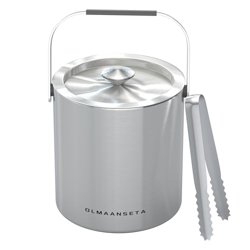 Olmaanseta Mini Double Walled Stainless Steel Ice Bucket with Lid & Tongs 1.3L for Parties & Home Bar