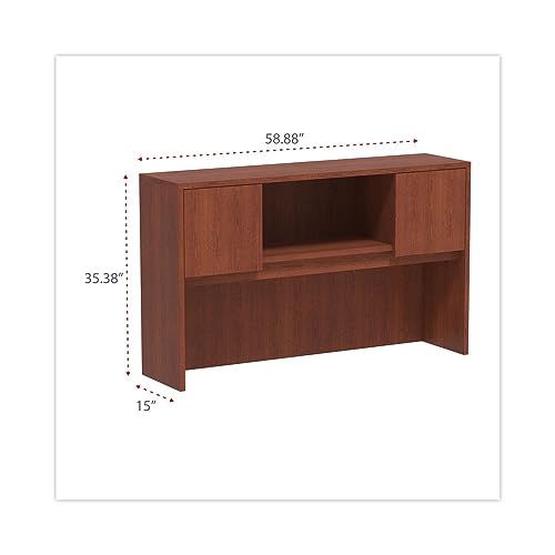 Woodgrain Laminate Desk Hutch with Doors, 59-Inch Wide, Medium Cherry