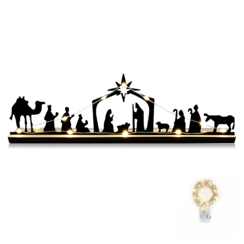 Nativity Scene Tabletop Decor, Metal Silhouette with Wooden Base