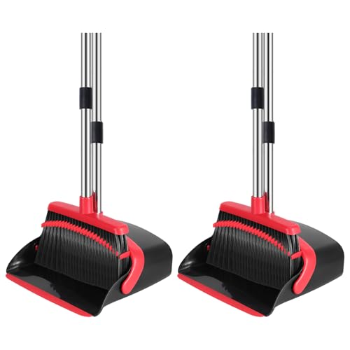 Broom and Dustpan Set with Built-In Comb Teeth, 52-Inch Long Handle - 2 Pack