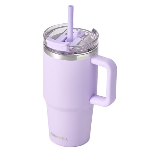 SUNWILL 20 oz Insulated Travel Tumbler with Handle & Straw - Powder Coated Orchid