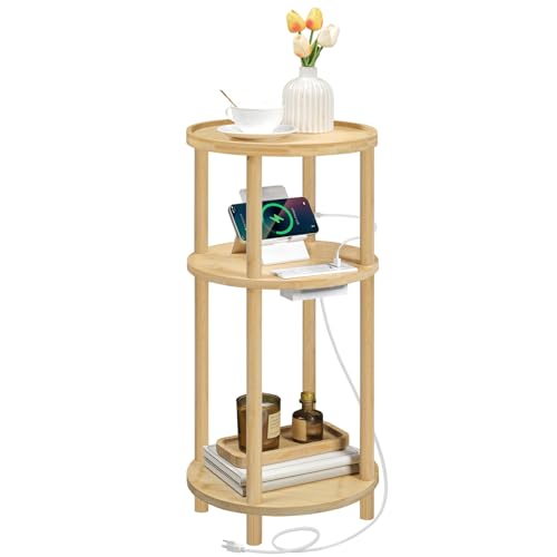 3-Tier Round Bamboo End Table with Charging Station and USB Ports