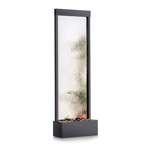 72-Inch Mirror Waterfall Floor Fountain with LED Lights & River Stones