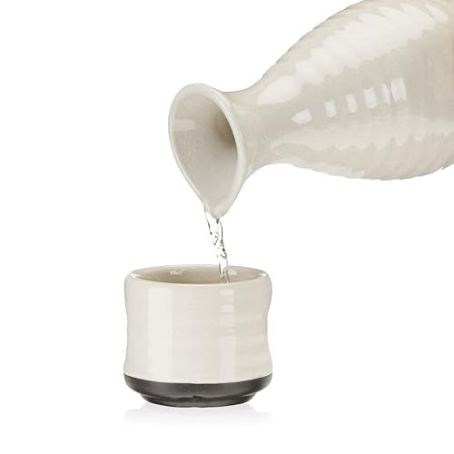 White True Fervor Ceramic Sake Set with 4 Cups & 8 oz Carafe – Traditional Japanese Drinkware